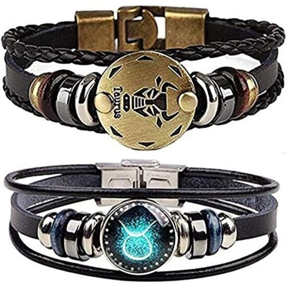 TAURUS Constellation Braided Rope Bracelet Punk Alloy Leather Bracelet - Picture 1 of 6